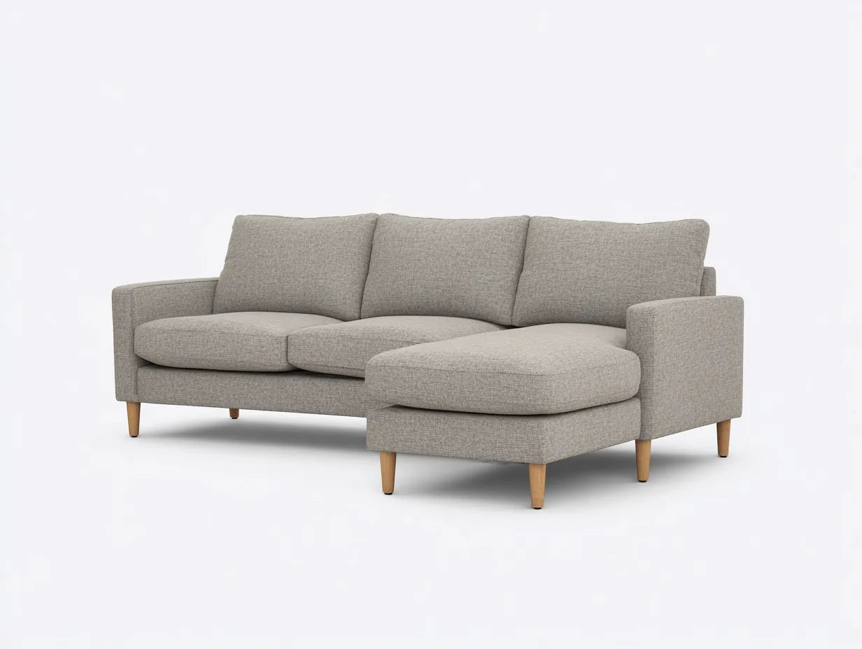 Divano angolare da soggiorno 255×155×84 cm - tessuto grigio chiaro e legno naturale - chaise longue integrata