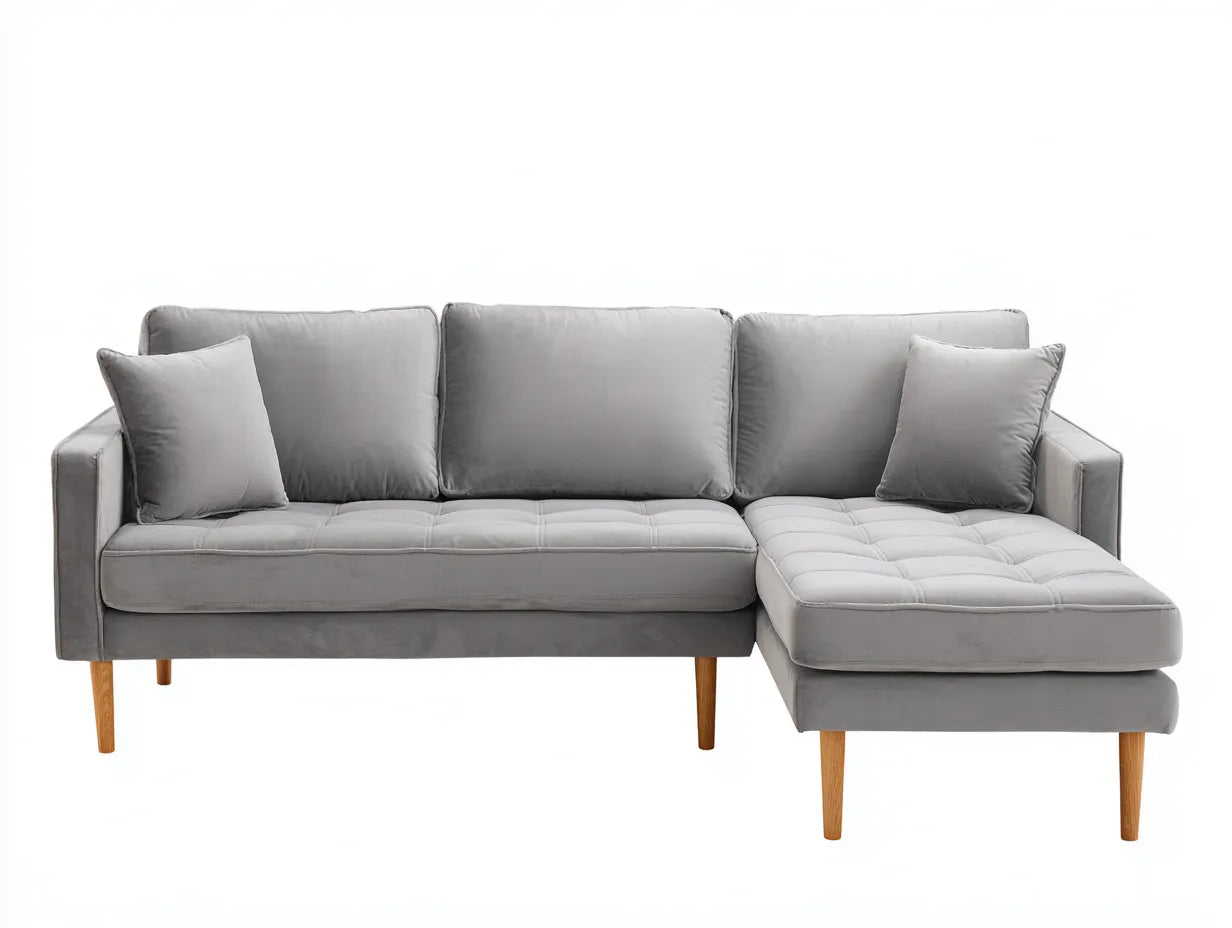Divano angolare da soggiorno 250×155×88 cm - tessuto grigio chiaro e legno naturale - chaise longue integrata