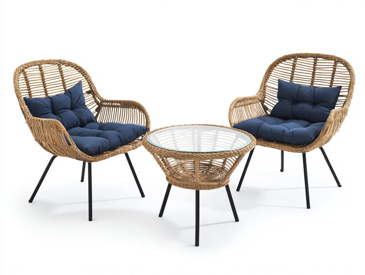 Set da esterno in rattan 150×75×90 cm - naturale e blu - stile moderno per balcone