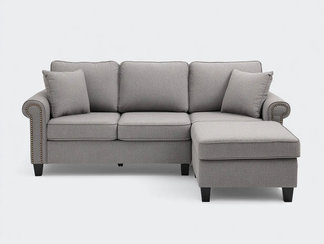 Divano angolare 235×148×86 cm - tessuto grigio e base nera - stile classico moderno per soggiorno