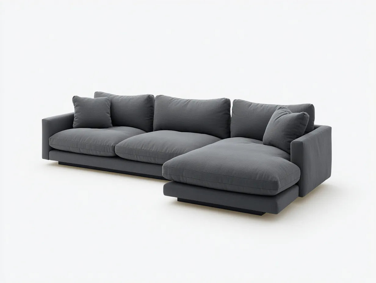 Divano angolare 280×160×82 cm - tessuto grigio e base nera - design moderno per soggiorno