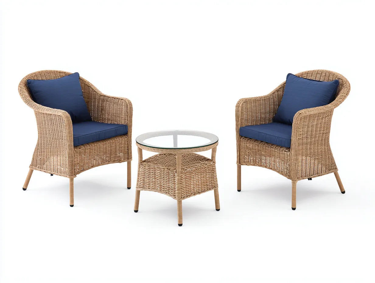 Set di tavolo e sedie da esterno 72×70×82 cm - rattan beige e tessuto blu - stile naturale per terrazza