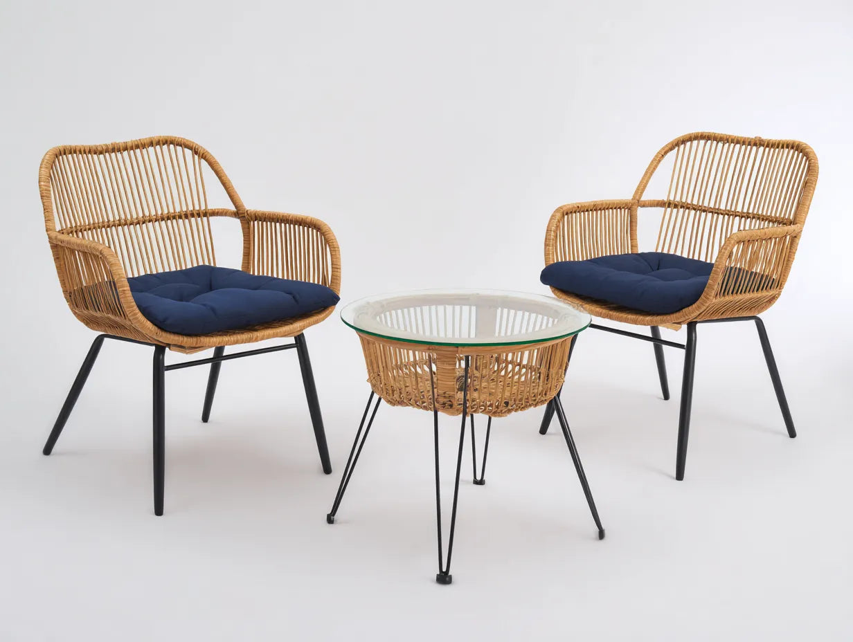 Set di tavolo e sedie da esterno 72×70×84 cm - rattan beige e tessuto blu - design moderno per terrazza