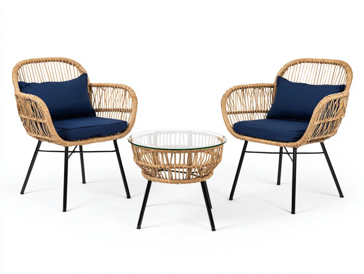 Set di tavolo e sedie da esterno 70×72×84 cm - rattan beige e tessuto blu - stile naturale per terrazza